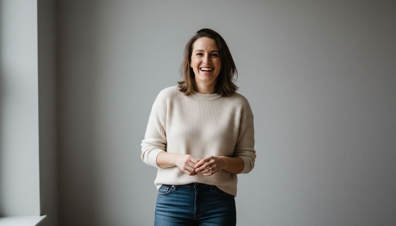Person taking a photo with an AI passport photo app against a plain light background