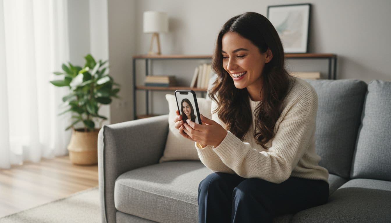 Confident professional reviewing photos from the best AI photo app on a smartphone in a bright modern living room