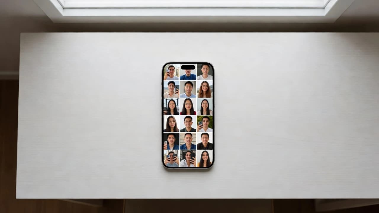 Smartphone showing a photo gallery grid full of varied selfies ready to upload for AI headshots