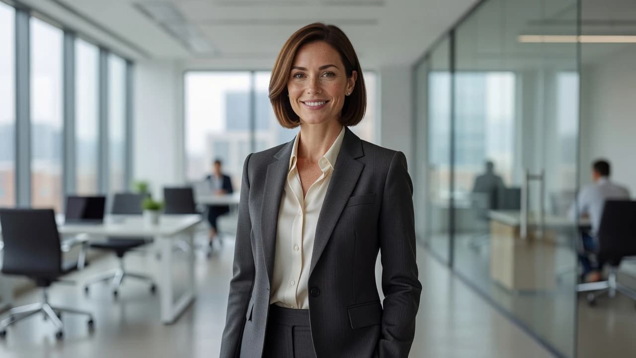 Confident professional woman in business attire in a bright modern office, polished corporate headshot