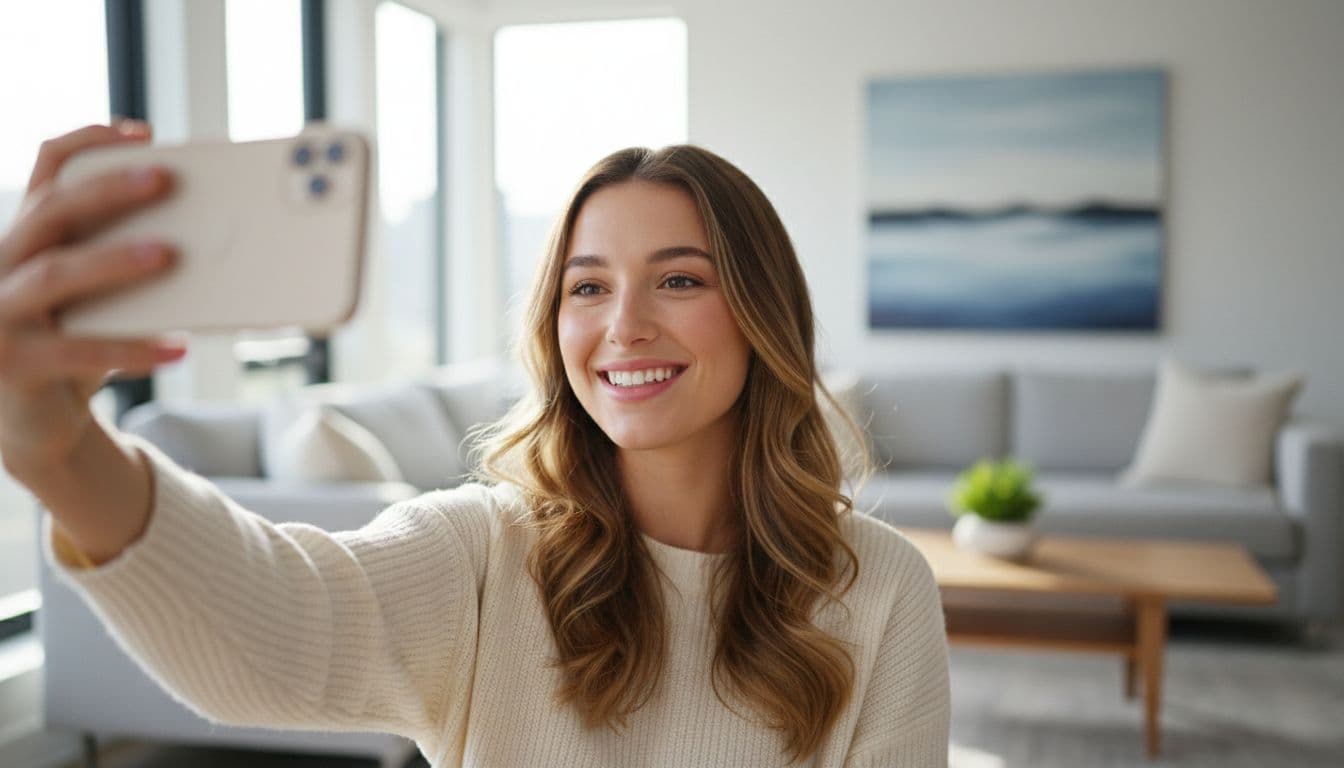 Smiling person taking a selfie at home for new Instagram profile picture ideas in soft natural light
